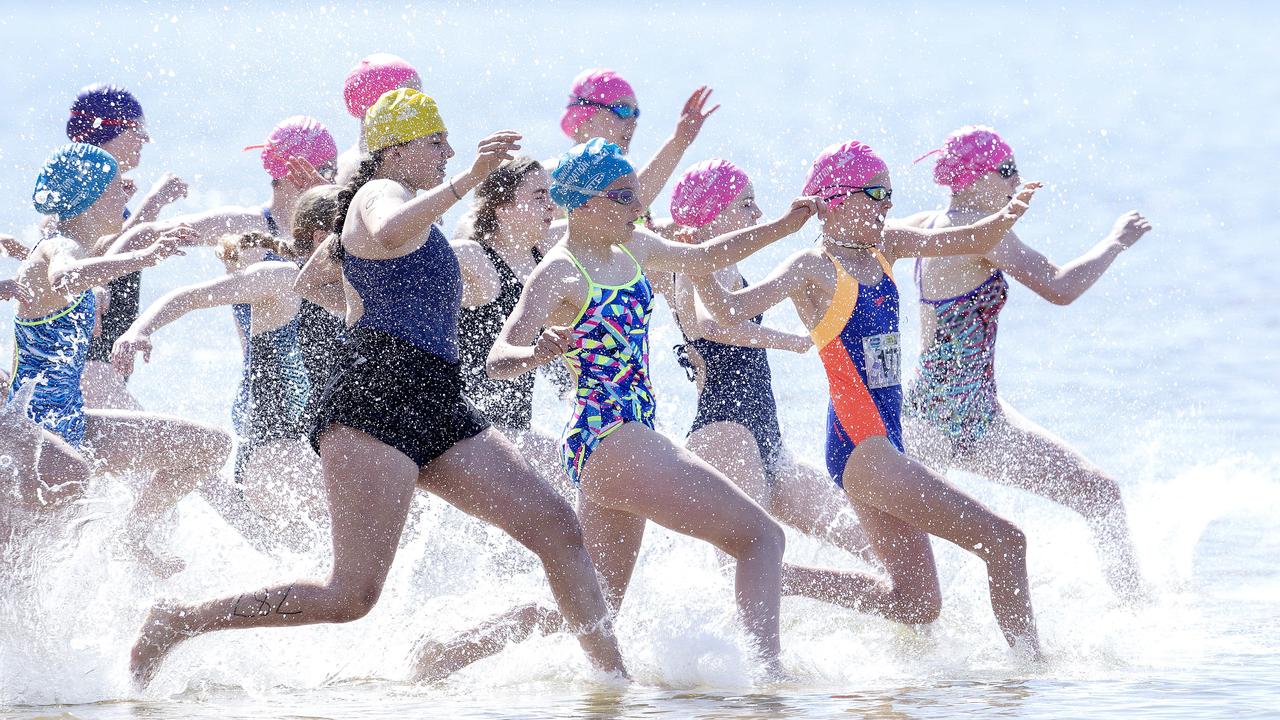 Year 7 Individuals start the Schools Triathlon Challenge at Bellerive.  Picture: Chris Kidd