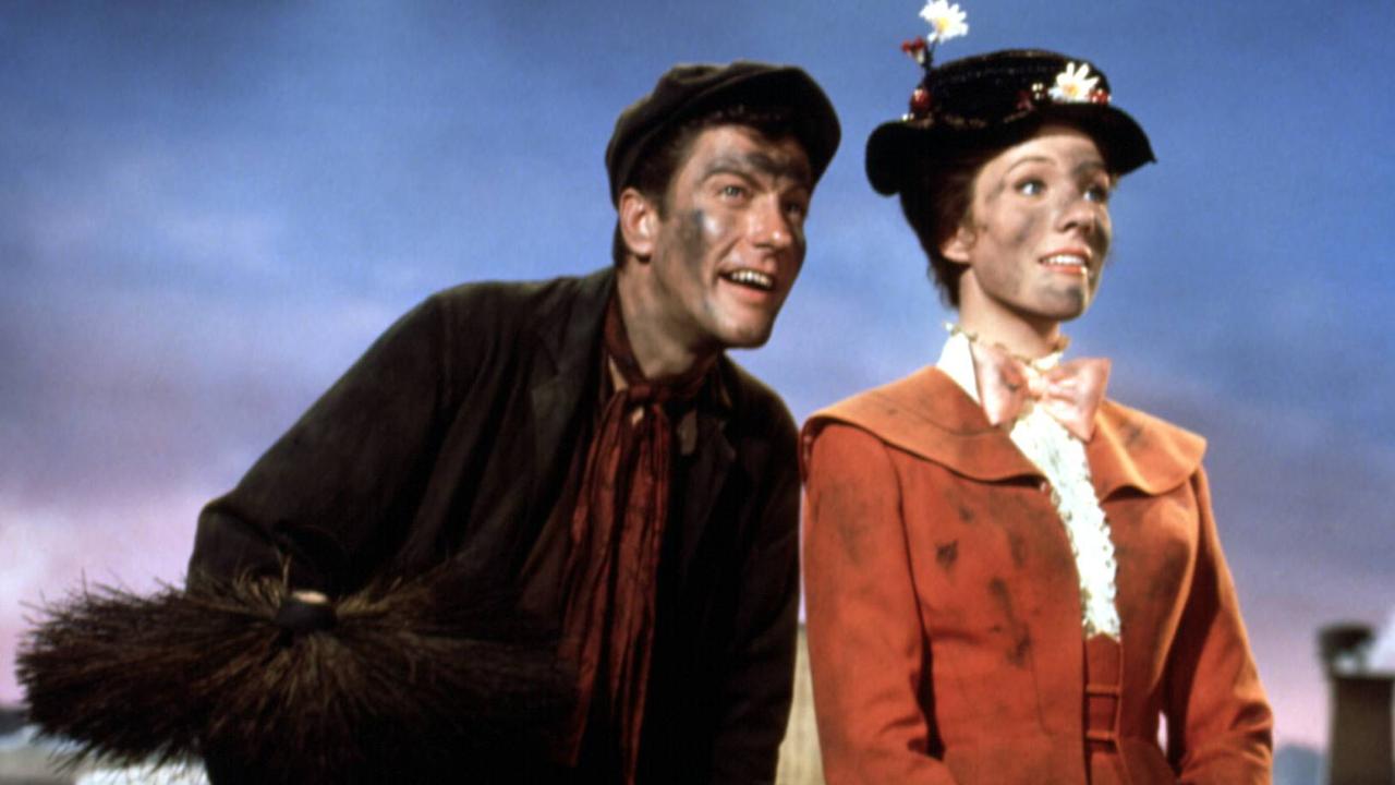 Actors Dick Van Dyke and Julie Andrews in scene from film Mary Poppins'.