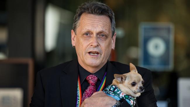 Andy Meddick of the Animal Justice Party speaks to the media outside parliament about the new pandemic laws. Picture: Getty Images