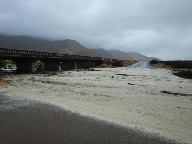 Roads are washed out as Tropical Storm Hilary heads north into Palm Springs, California. Picture: AFP