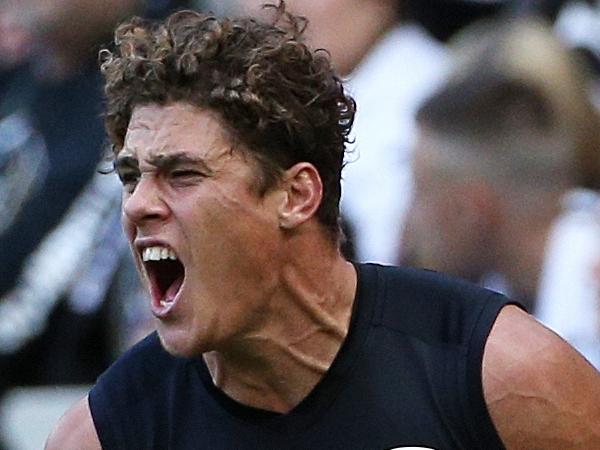 Charlie Curnow of the Blues celebrates a goal during the Round 8 AFL match between the Carlton Blues and the Collingwood Magpies at the MCG in Melbourne, Saturday, May 11, 2019.  (AAP Image/Hamish Blair) NO ARCHIVING, EDITORIAL USE ONLY