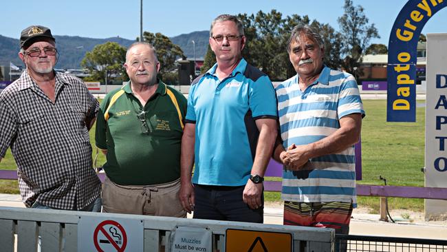 Greyhound trainers Kevin Keys, Glenn Goodwin, Mark Suttle, Cliff Bell at Dapto dog track. Picture: Adam Yip