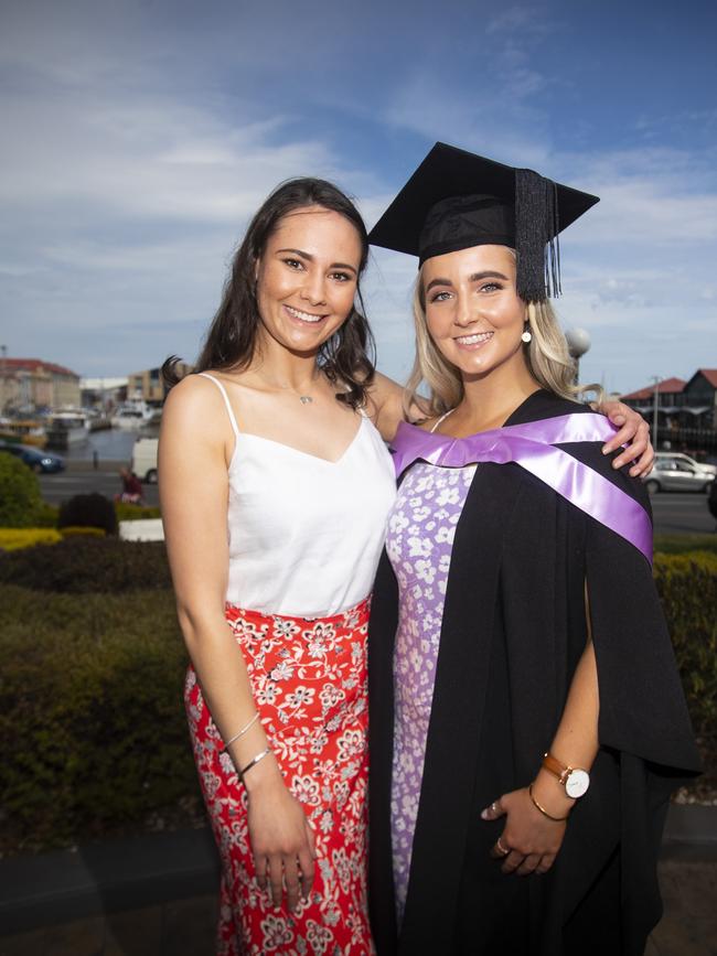 Sisters, Sarah and Holly Molnar at UTAS graduations held at the Hobart Grand Chancellor. Picture: LUKE BOWDEN