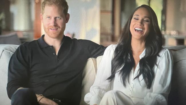 Harry and Meghan speak to the camera in the first episode of the docuseries. Picture: Netflix