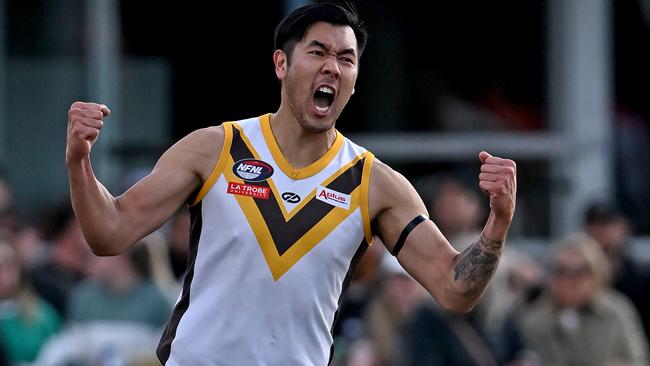 Michael Tang celebrates a goal for Thomastown. Picture: Andy Brownbill