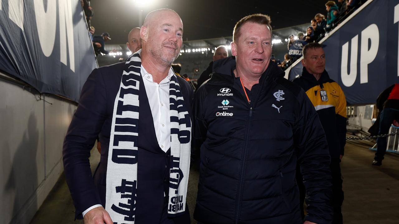 Blues President Luke Sayers and Michael Voss, Senior Coach. Picture: Michael Willson/AFL Photos via Getty Images