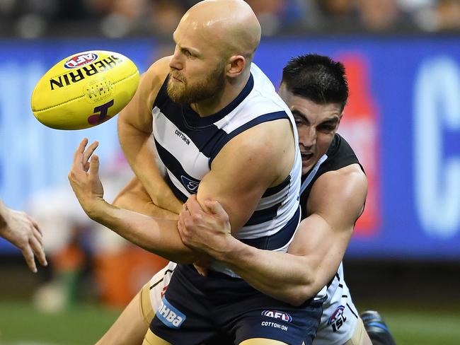 Brayden Maynard brings down Gary Ablett.