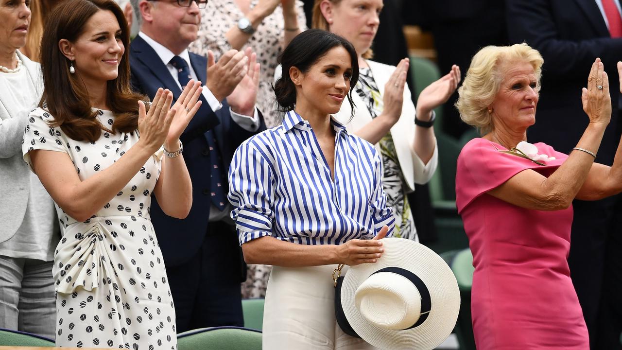 Kate and Meghan at Wimbledon in 2018 – with the hat that never made it to Meghan’s head. Picture: Clive Mason/Getty Images