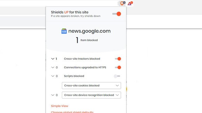 Brave browser - screen shot showing site shielding.