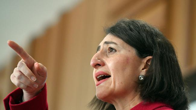 NSW Premier Gladys Berejiklian speaks at a news conference on Friday. Her strategy has not worked. Picture: Getty