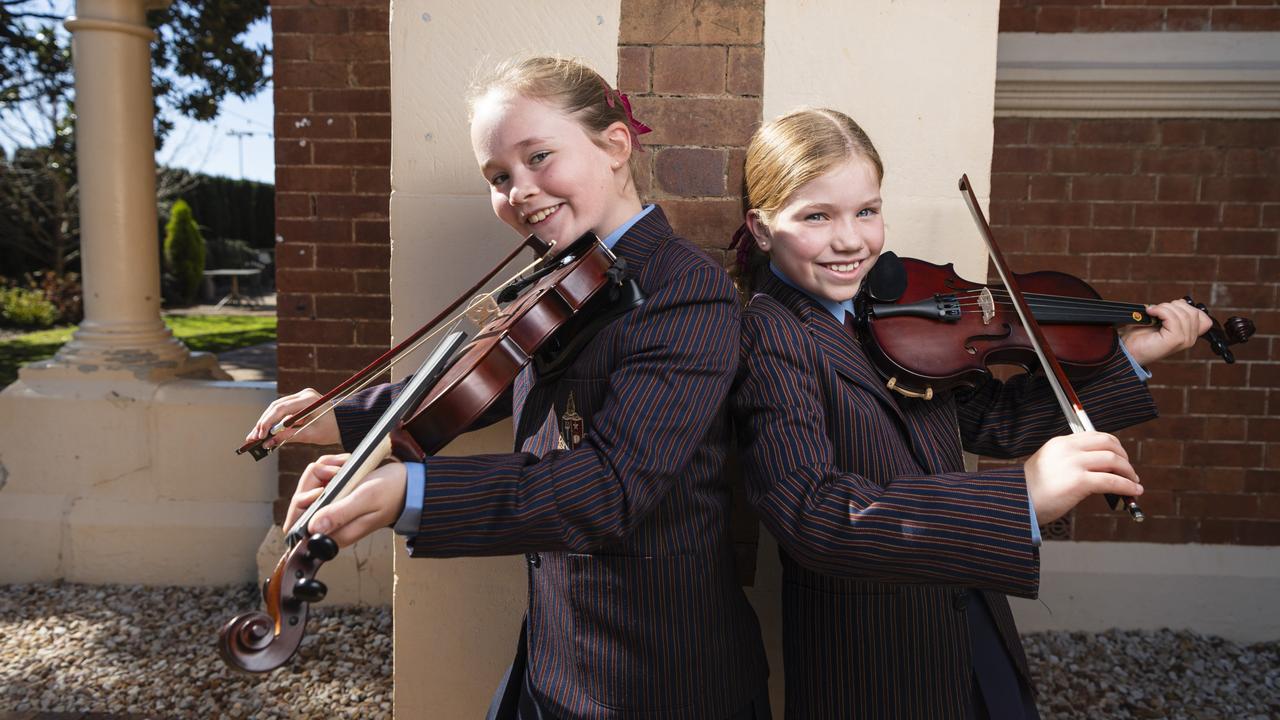 Chloe Lyon (left) and Charlotte Humphery of Toowoomba Anglican School after competing in the All-Age graded string solo preliminary section. They will compete as a duo in another section of the 78th City of Toowoomba Eisteddfod at The Empire, Friday, July 26, 2024. Picture: Kevin Farmer