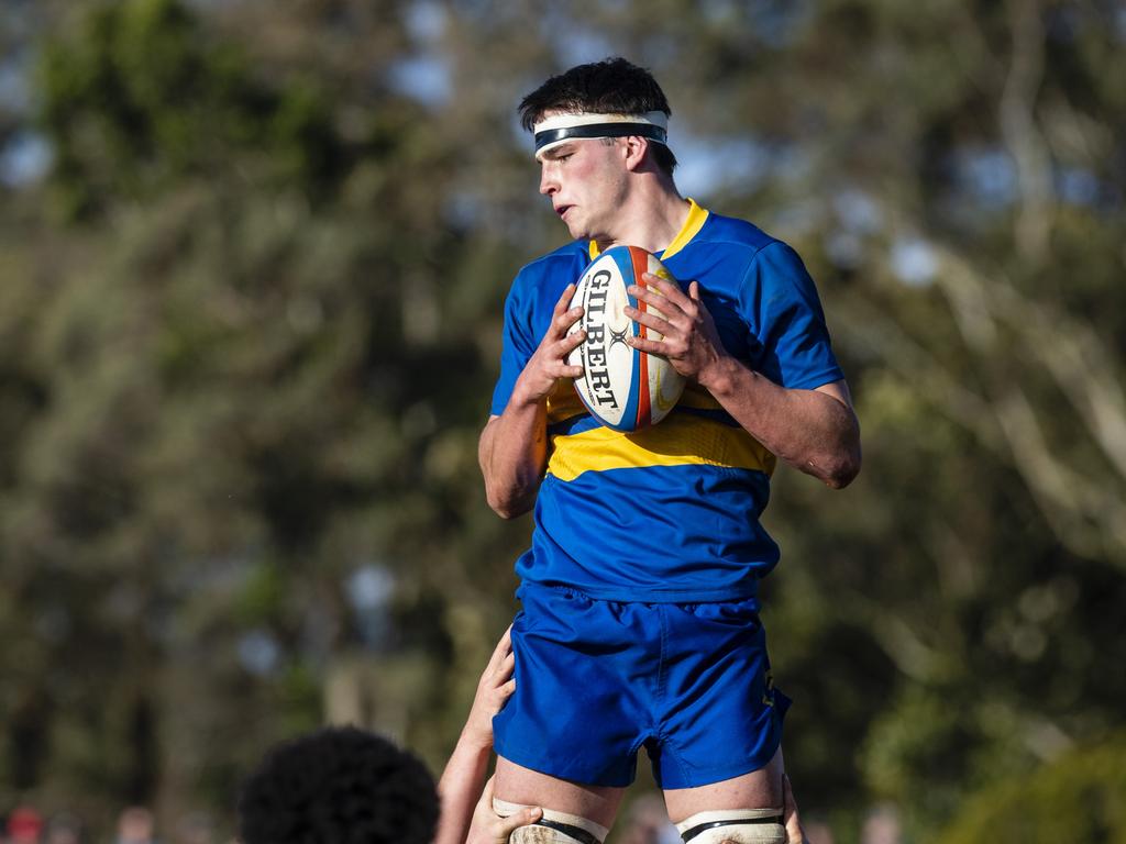 George Griffiths wins the ball for Grammar against Downlands in O'Callaghan Cup on Grammar Downlands Day at Downlands College, Saturday, August 6, 2022. Picture: Kevin Farmer