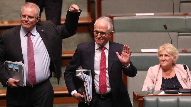 Scott Morrison and Malcolm Turnbull arrive for Question Time. Picture: Kym Smith