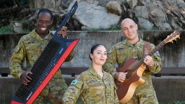 Lance Corporal Nii Anang, Lance Corporal Telle Anderson and Corporal Jake Curro will be part of the 1RAR Band catching the Sunset Vibes at Jezzine Barracks this Friday evening. Picture: Evan Morgan