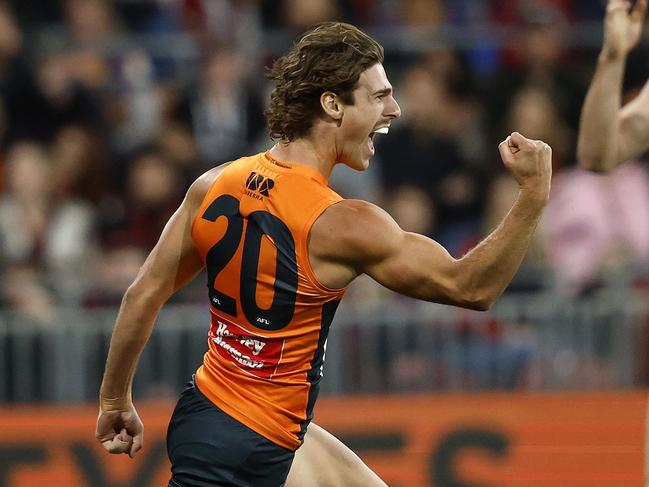 Peatling celebrates one of two goals against the Lions in the semi final. Picture: Phil Hillyard