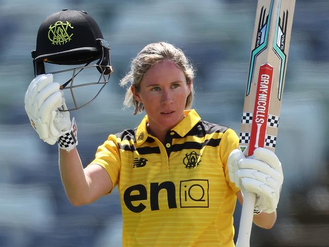 PERTH, AUSTRALIA - SEPTEMBER 25: Beth Mooney of Western Australia celebrates her century during the WNCL match between Western Australia and Australian Capital Territory at the WACA, on September 25, 2022, in Perth, Australia. (Photo by Paul Kane/Getty Images)