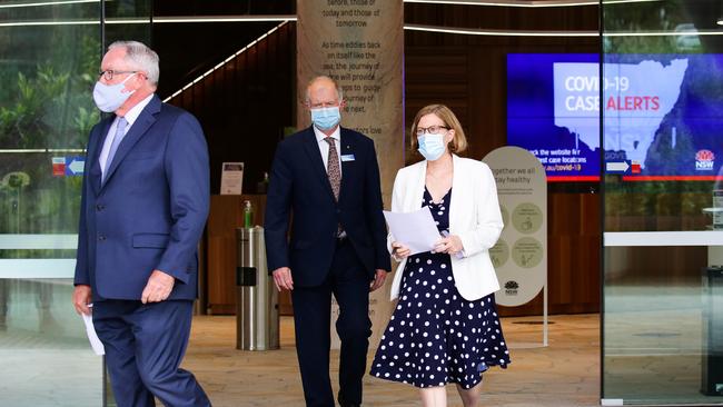 Minister for Health Brad Hazzard, NSW Chief Health Officer Dr Kerry Chant and Transport for NSW Acting Deputy Secretary for Greater Sydney Howard Collins arrive to provide a COVID-19 update. Picture: NCA NewsWire / Gaye Gerard