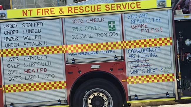 Fireys have been brandishing their grievances on firetrucks for several weeks now, as confidence in their Chief Fire Officer and chief executive have diminished. Picture: Supplied