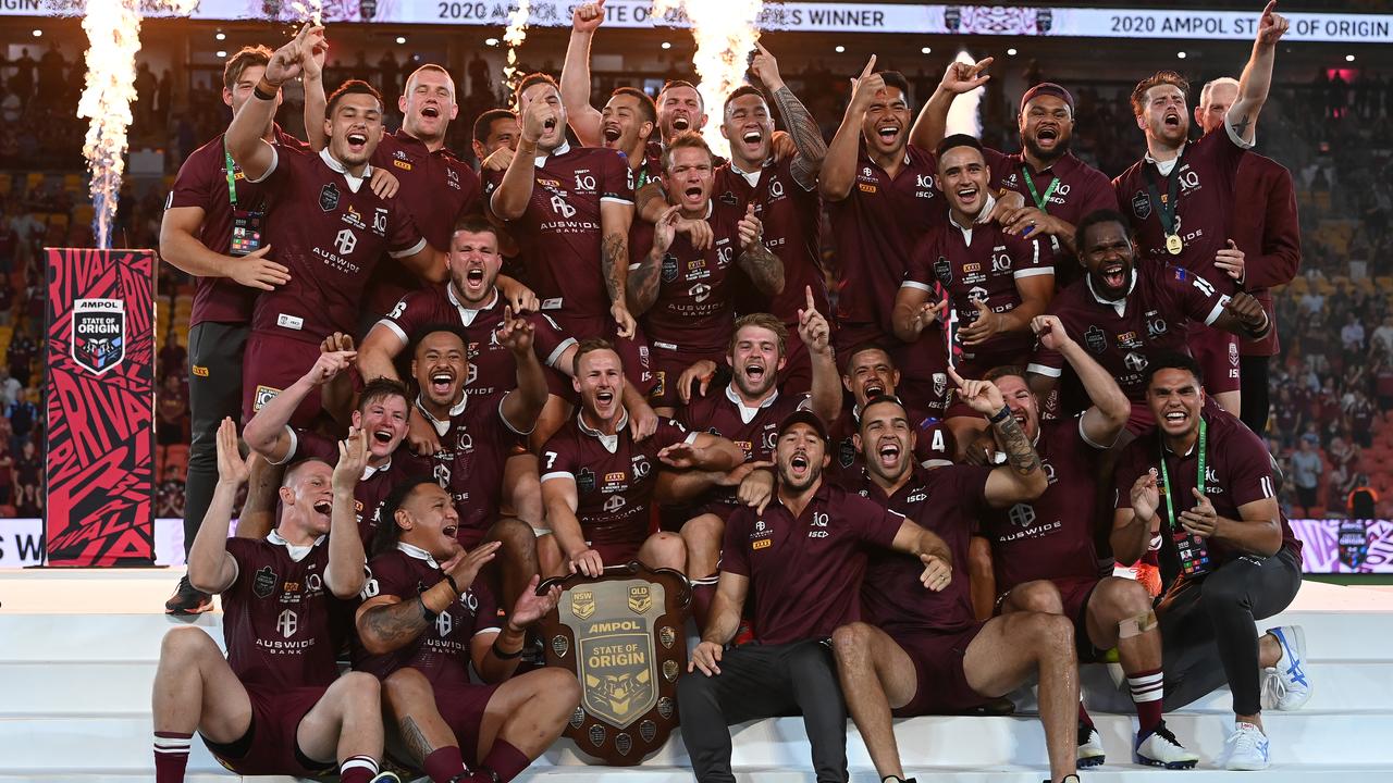 The Maroons celebrate after defeating the Blues during game three of the State of Origin series at Suncorp Stadium. Picture: Getty Images