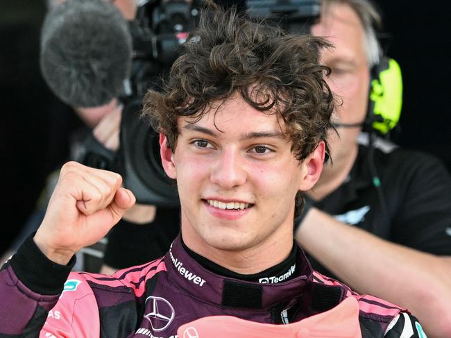 Mercedes' Italian driver Andrea Kimi Antonelli gestures after winning the pole position during Sprint qualifying for the 2025 Miami Formula One Grand Prix at Miami International Autodrome in Miami Gardens, Florida, on May 2, 2025. (Photo by Chandan Khanna / AFP)