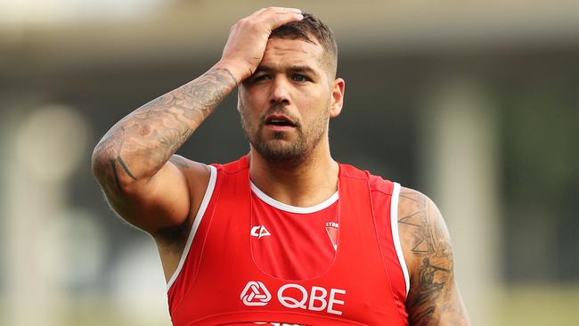 Lance Franklin of the Swans looks on during a Sydney Swan training session at Lakeside Oval in Sydney, Monday, May 18, 2020. (AAP Image/Brendon Thorne) NO ARCHIVING