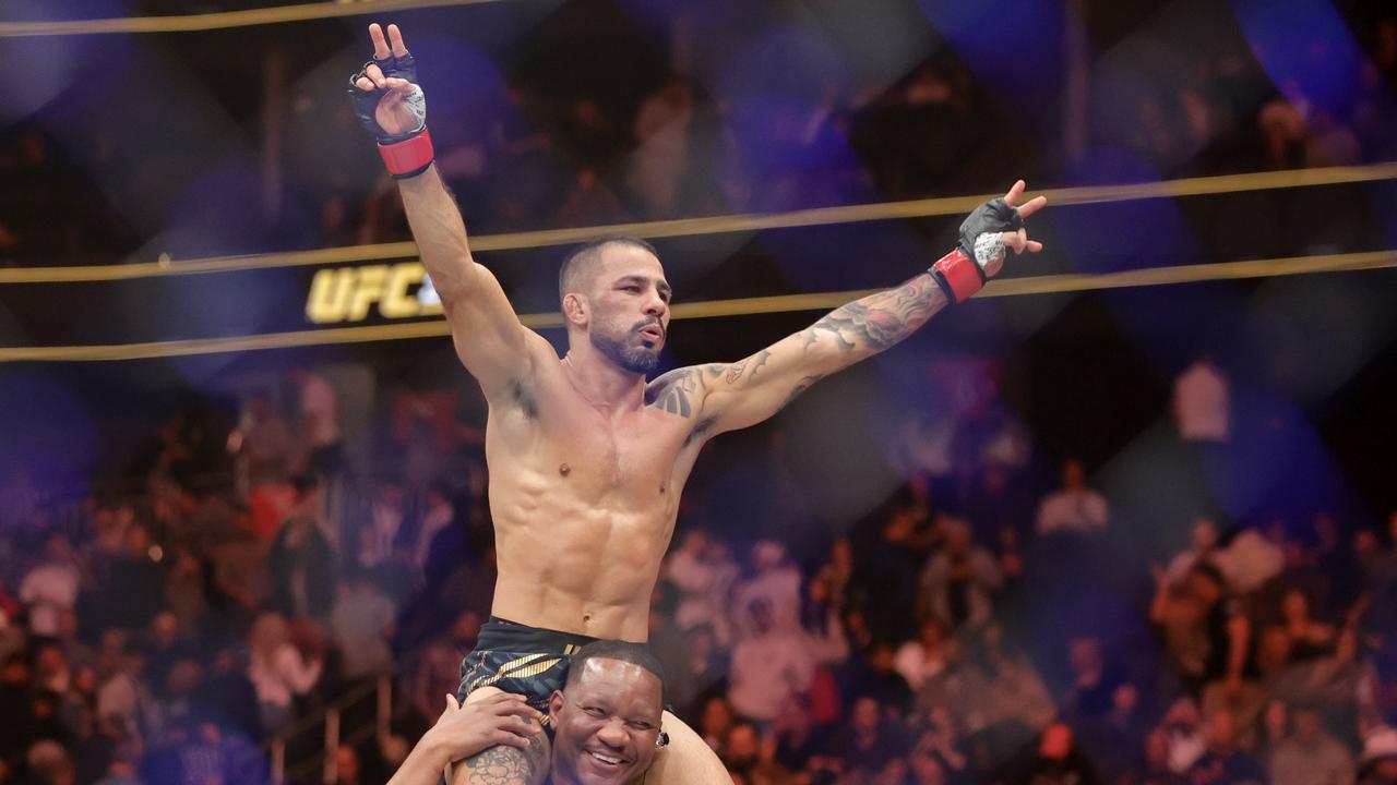 Alexandre Pantoja of Brazil celebrates after his win by technical submission in the second round against Kai Asakura of Japan, not pictured, during UFC 310 at T-Mobile Arena on December 07, 2024 in Las Vegas, Nevada. (Photo by Steve Marcus/Getty Images)