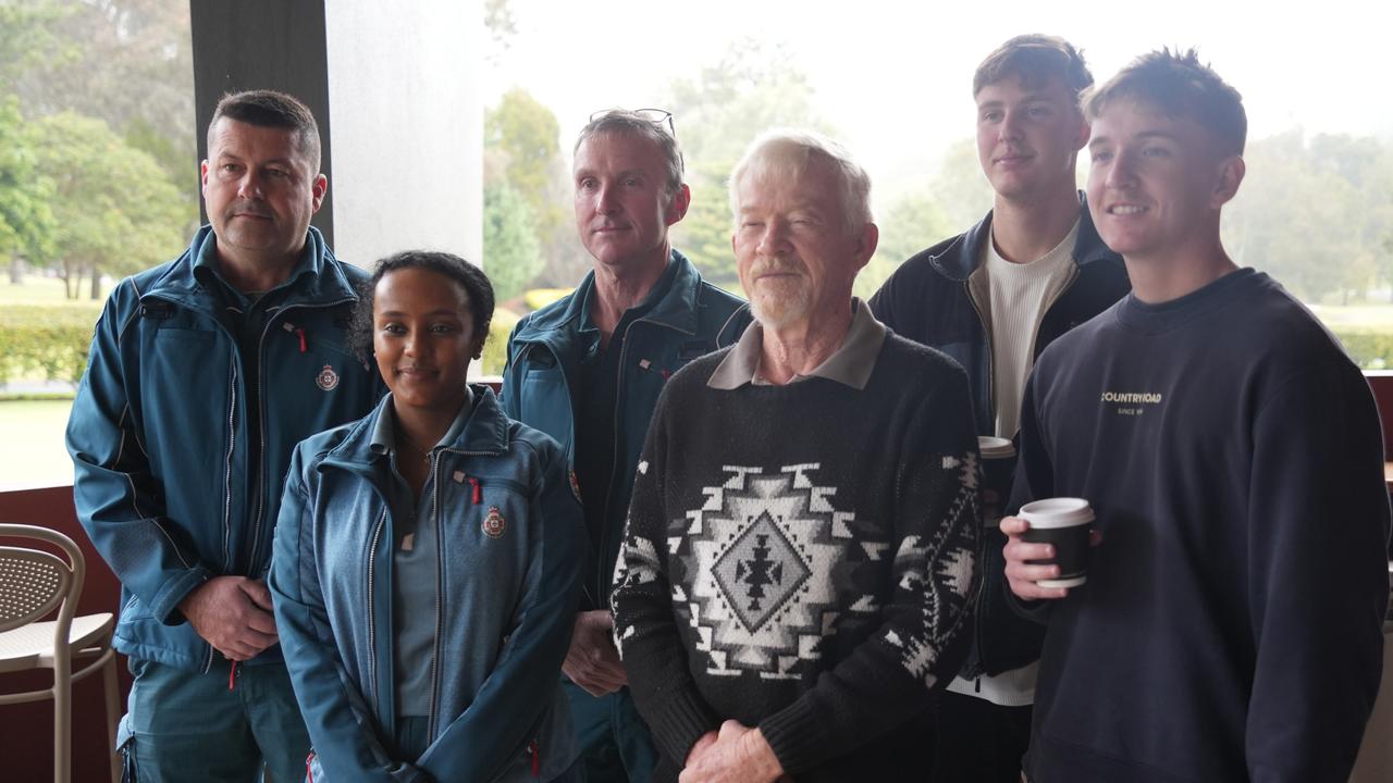 Reuniting for the first time since Allen Longridge (centre) had a major heart attack on July 23, 2024 is (from left) QAS office-in-charge Troy Haley, QAS call taker Feven Berhanu, QAS officer-in-charge Peter Baron, Allen and nursing students Isaac Leach and Jack Ryan.