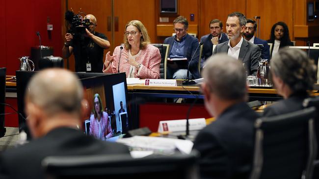 PwC Australia acting CEO Kristin Stubbins and PwC Australia partner Nathan Schlesinger giving evidence at the NSW parliamentary inquiry on Monday. Picture: Jane Dempster