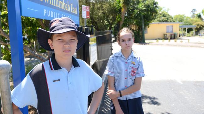 Murwillumbah East Public School students Isaac Rose, Year 6, and Zoe Johnson, Year 5, are unhappy with the state government's plans to merge four schools into one mega-facility. Picture: Liana Boss