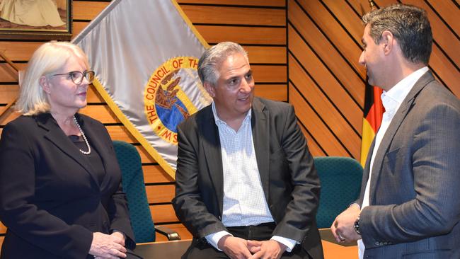 Coalition Home Affairs spokeswoman Karen Andrews, Fairfield Mayor Frank Carbone, and Liverpool Mayor Ned Mannoun hold a meeting regarding repatriated ISIS brides.