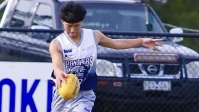 Kon, pictured in action for Melton South Panthers, was remembered by his teammates as a ‘vibrant spirit’.