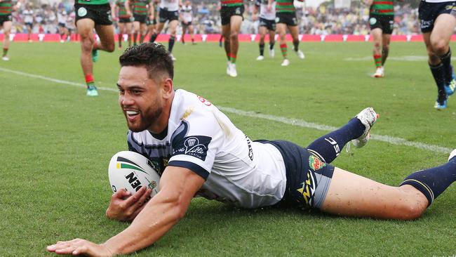 Action from the NRL match between the South Sydney Rabbitohs and the North Queensland Cowboys, held at Barlow Park, Cairns. Cowboys' Antonio Winterstein scores a try in the corner. PICTURE: BRENDAN RADKE