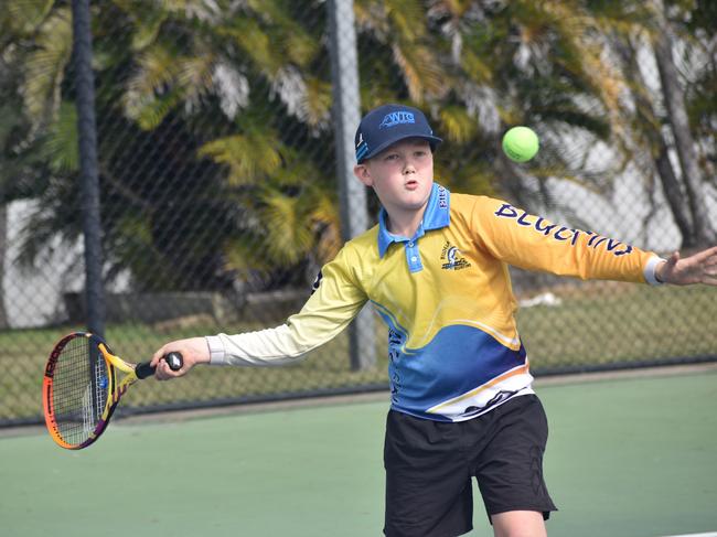 Players on court at the JDS Central Region tournament at the Rockhampton Regional Tennis Centre on July 14, 2024.