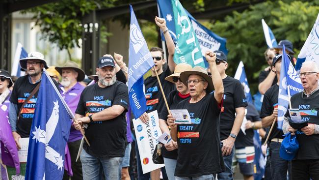 Union members before the Toowoomba Labour Day march, Saturday, April 29, 2023. Picture: Kevin Farmer