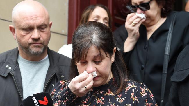 Antoinette Virgona speaks outside of the Supreme Court in Melbourne after the Mongol bikies who murdered her husband were sentenced. Picture: Nicki Connolly