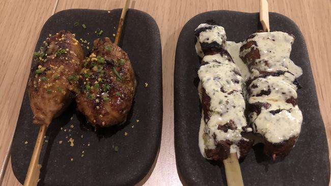 Skewers of chicken mince (left) and spicy lamb with coriander buttermilk at Koyo, Prospect.