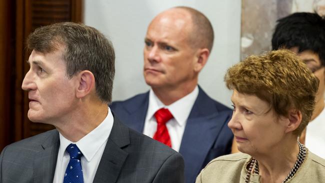 Former mayors Graham Quirk and Campbell Newman at the Brisbane City Council meeting for incoming Lord Mayor Adrian Schrinner. Picture: Richard Walker/AAP 