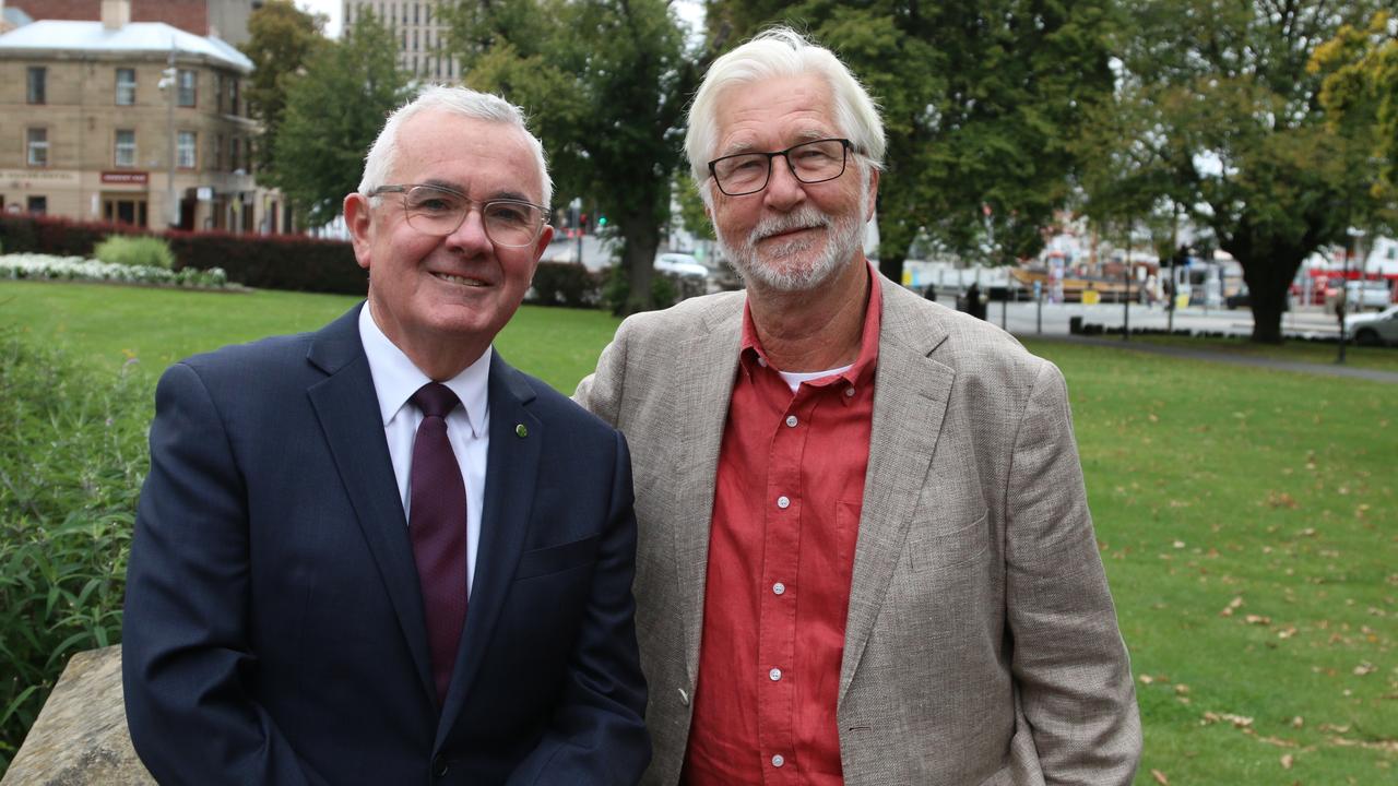 Independent member for Clark Andrew Wilkie and independent candidate for Franklin Peter George. Picture: Elise Kaine