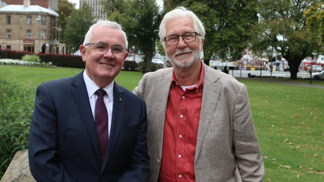 Independent member for Clark Andrew Wilkie and independent candidate for Franklin Peter George. Picture: Elise Kaine