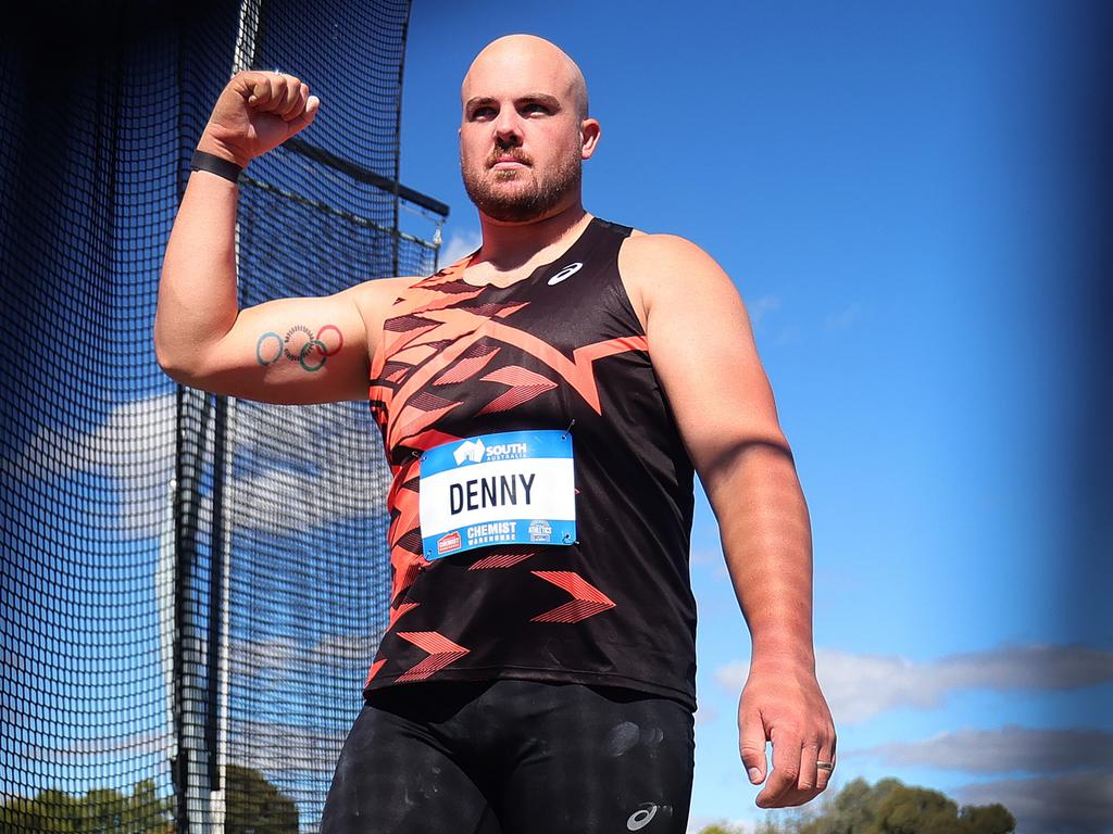 ADELAIDE, AUSTRALIA - APRIL 13: Mens' Discus Final. Matthew Denny of Queensland New Australian record throw of 69.35 during the 2024 Australian Athletics Championships at SA Athletics Stadium on April 13, 2024 in Adelaide, Australia. (Photo by Sarah Reed/Getty Images) (Photo by Sarah Reed/Getty Images)