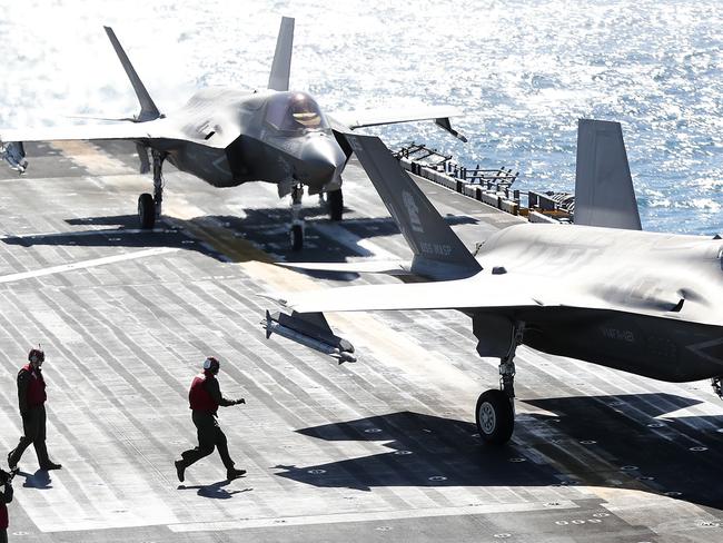 An F-35B landing on the USS Wasp. Picture: Peter Wallis