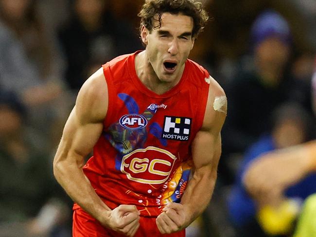 MELBOURNE, AUSTRALIA - JULY 01: Ben King of the Suns celebrates a goal during the 2021 AFL Round 16 match between the Gold Coast Suns and the Richmond Tigers at Marvel Stadium on July 01, 2021 in Melbourne, Australia. (Photo by Michael Willson/AFL Photos via Getty Images)