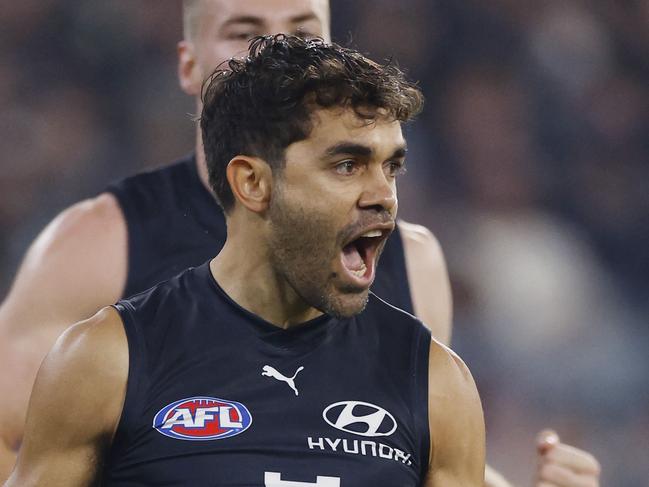 MELBOURNE , AUSTRALIA. May 5 , 2024.  AFL Round 9. .Carlton vs Melbourne at the MCG.   Jack Martin of the Blues celebrates a 1st quarter goal   . Pic: Michael Klein