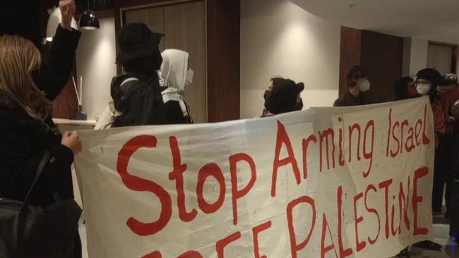 Pro-Palestine protesters at the Melbourne hotel overnight. Picture: Whistleblowers, Activists and Communities Alliance / Facebook