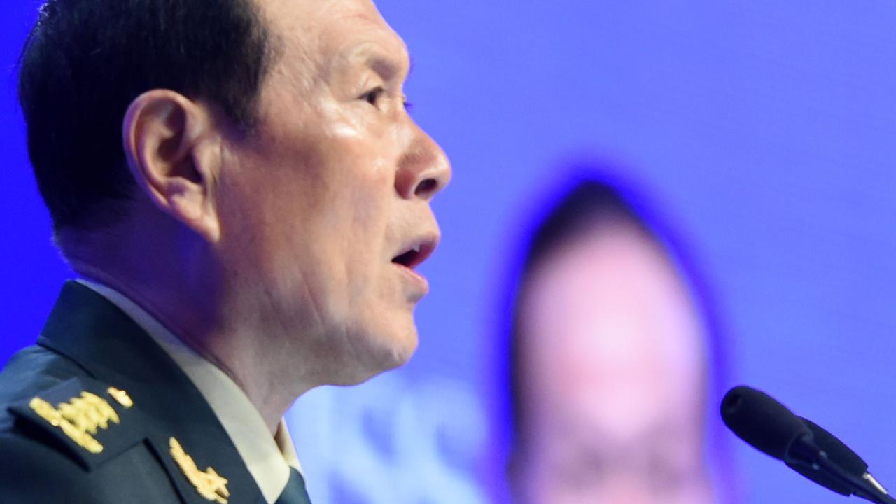 China's Defence Minister Wei Fenghe addresses the IISS Shangri-La Dialogue summit in Singapore. Picture: AFP