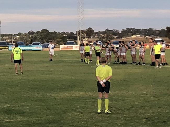 Umpires doing a head count during the Waikerie and North Loxton football game. Pic  supplied