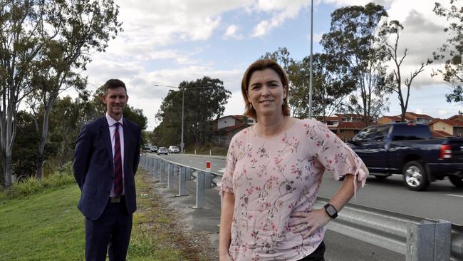 Transport Minister Mark Bailey with Macalister MP Melissa McMahon in September, when they checked out traffic on the busy Beaudesert-Beenleigh Rd near where a man died on the weekend.