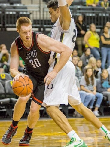 Eagles footballer Jordan West playing basketball for Southern Oregon University. Picture: Supplied