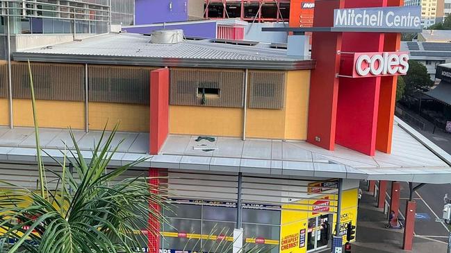 Clothes and fabric are seen hanging out of a window at the Knuckey St Watch House in Darwin CBD after two prisoners allegedly escaped custody on September 11. Picture: Supplied