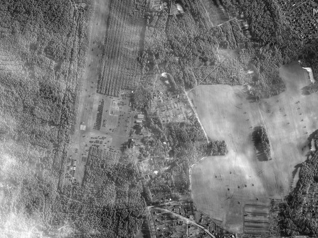 An overview of helicopter and troop deployment at Bolshoy Bokov airfield, near Mazyr, Belarus. Picture: Maxar Technologies